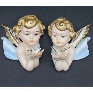 2 Cherub Angels Holding Doves Wall Figures Bradley Japan READ